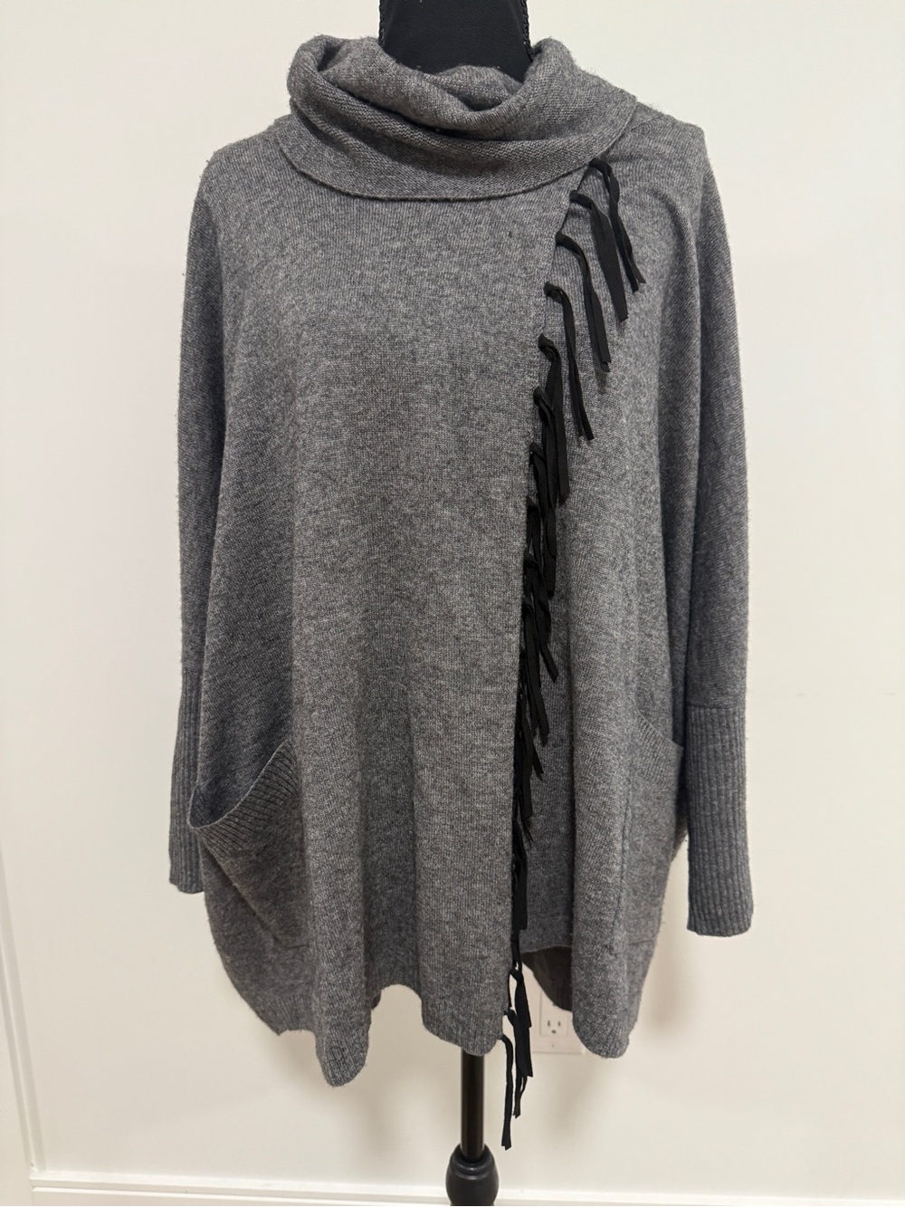 REPEAT Wool Cashmere Poncho Sweater Gray Cowl Turtleneck Fringe Pocket M Cozy